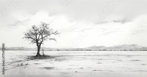 Capture the passage of time and the loneliness of the skies with a grayscale ink sketch. Depict a desolate landscape with rough and hasty strokes