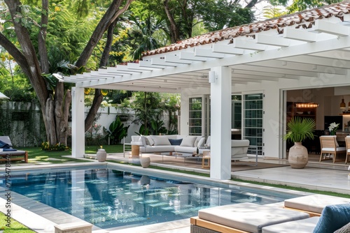 Luxurious backyard with pool and lounge area under pergola.