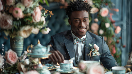 A handsome black man decked in a tailored suit and bow tie offers a charming smile as he holds a decorative tea pot in hand. Surrounding him are beautiful floral arrangements and dainty .