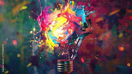 Lightbulb explodes with neon colored paint splash