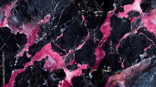 A vibrant black marble texture, with bold streaks of white and fuchsia creating backdrop perfect for modern, chic designs.
