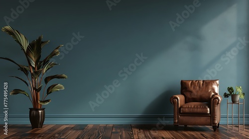 Living room with armchair on empty cadet blue colour wall background