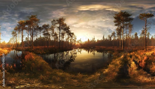 hdri environment map round panorama spherical panorama equidistant projection panorama 360 forest and swamp 3d rendering