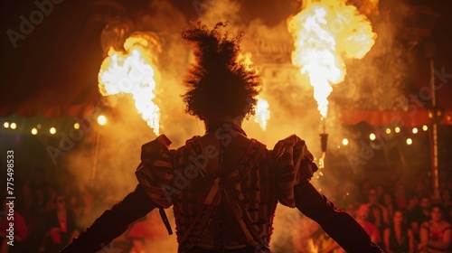 A performer in a tattered circus costume facing away from the camera as they prepare to put on a spooky fireeating show for the audience. . .