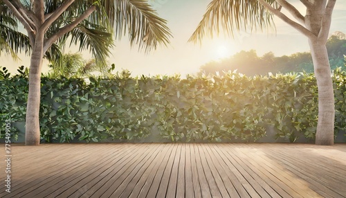empty wooden terrace with green wall 3d render there are wood plank floor with tropical style tree garden background sunlight shine on the tree
