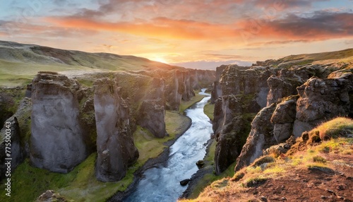 beautiful mystical landscape with river in canyon kolugljufur between the rocks in iceland at red dawn exotic countries amazing places