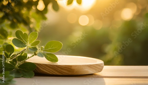round wooden cut shape for product display with kelor or drumstick tree moringa oleifera green leaves backlight shot
