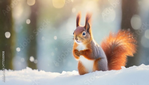 banner with cute red squirrel sciurus vulgaris sitting in a snow and looking for food on winter forest blurred background banner with beautiful animal in the nature habitat wildlife scene