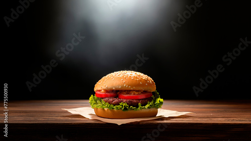 a hamburger on a broadway center stage, spotlight from top left corner 