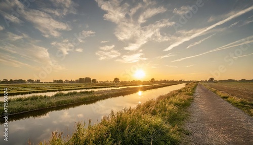 the sun sets over the dutch polder landscape near gouda holland