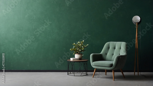 The interior has an armchair on empty green wall background. AI generated