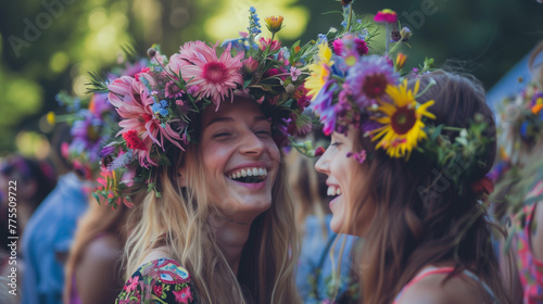 Two females adorned with flower crowns on their heads, showcasing a cultural and joyful moment at a music festival