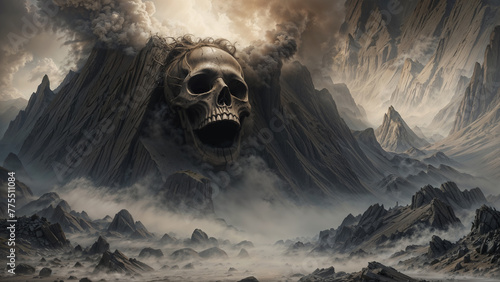 Giant skull of a dead titan on a volcanic mountain erupting, cursed land shrouded in misty decay with desolate rocky terrain - fantasy role playing landscape.