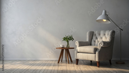 Bright living room interior with armchair on empty white wall background.AI generated
