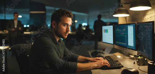 young adult caucasian man with fingers on computer-keyboard sits on a desk with multiple computer screens in a dark room or at late evening or early morning