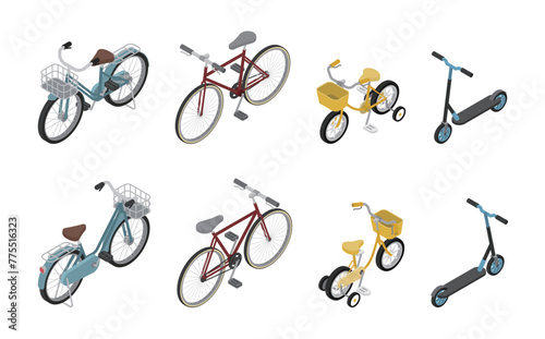 アイソメトリックイラスト:自転車いろいろセット