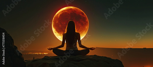 An ethereal moment: a woman meditates under the lunar eclipse 🌒🧘‍♀️ Connected to the universe's mystical energies. #CosmicHarmony