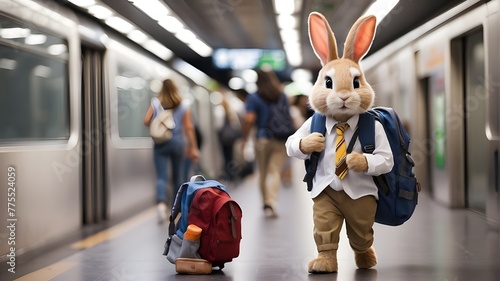 Bunny with School Bag Ready for Adventure, Cute Rabbit with Backpack Boarding the Train, Cartoon Bunny with School Bag Embarking on a Journey, Illustration of Bunny with Backpack Waiting for the Train