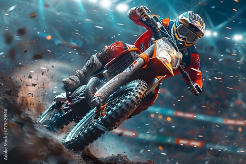 Thrilling Motocross Spectacle in a High Energy Stadium Setting with Dramatic Lighting and Soaring Bikes