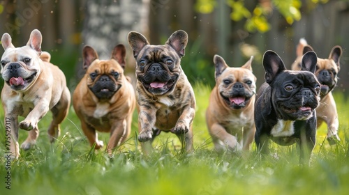 A group of French Bulldogs playing together in a chaotic but cute way, emphasizing their social nature