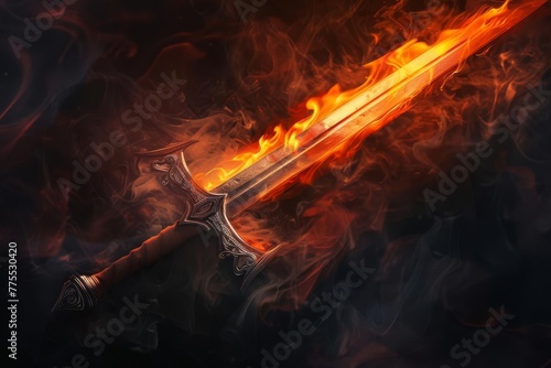 Flaming medieval long sword against dark smoky background, fantasy gothic illustration