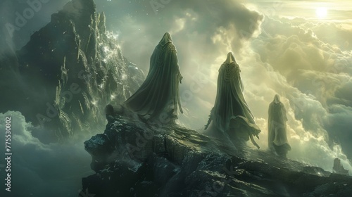 Dd in majestic cloaks the divine figures stand tall and regal on their sacred mountain their backs turned to the mortal world below. . .