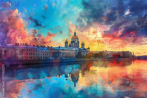 Petersburg, The Cathedral of the Dom Shawne in St Petersburg on Soused aerosol style, Beautiful colorful sky, watercolor, reflection in river with buildings and church in it, art print, oil paint