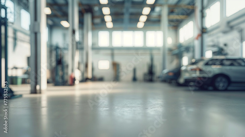 Blurred image of a modern car repair service with a focus on the foreground concrete floor