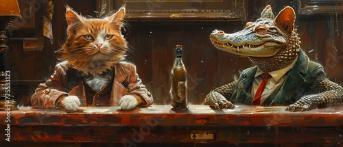 Artistic representation of a cat lawyer and a crocodile judge engaged in a bribery exchange, using animals to portray the serious theme of corruption in a light-hearted manner.