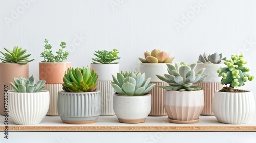 Various succulent plants in stylish pots arranged neatly on a shelf in a modern home setting
