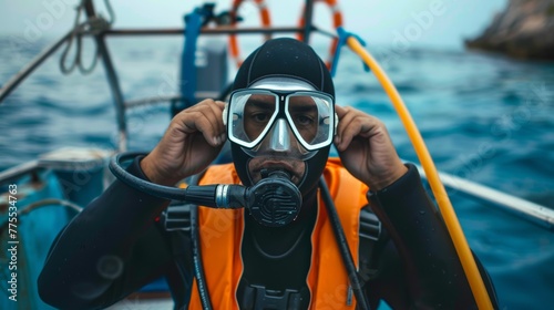 A diver putting on their mask, fins, and snorkel by a boat, ready to embark on their underwater exploration 
