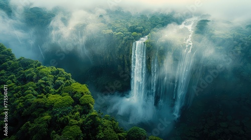scale and grandeur of the waterfall against the backdrop of the dense rainforest,
