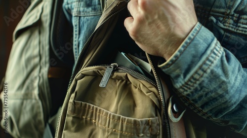 Capture a backpack with the zipper halfway open, suggesting someone grabbing supplies in a hurry