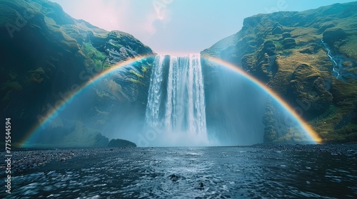 Skogafoss Double Rainbow, Capture the rare sight of a double rainbow arching over the majestic Skogafoss waterfall, with its powerful cascade plunging into a misty abyss below