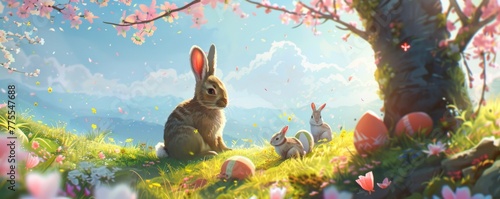 Sunny hilltop picnic with bunnies enjoying a lazy afternoon around eggs basking in the sunlight