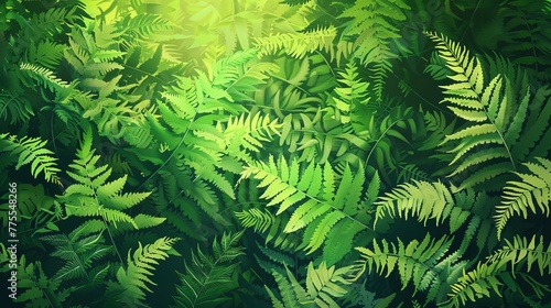 Dense green ferns in a midsummer forest, nature illustration