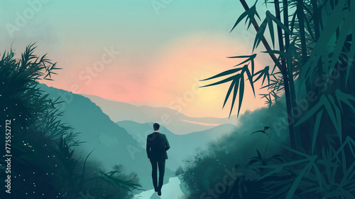A man in suit walks along the path under Sakura tree narrow in Sunset and teal colors, flat design illustration with pastel color palette