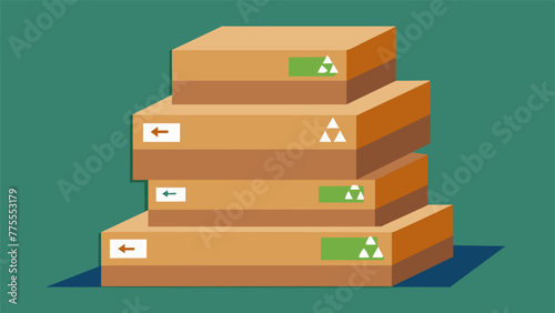 A closeup of a stack of recycled cardboard boxes each labeled with a unique code corresponding to the source of the materials. The organization