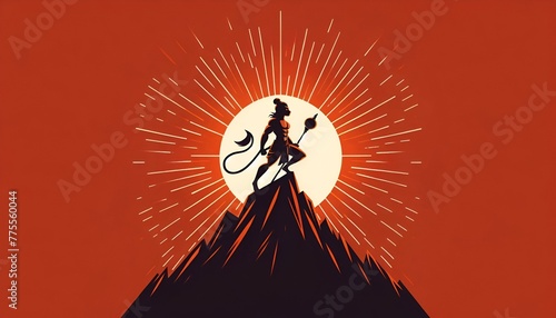 Illustration of the hanuman silhouette in a powerful stance on top of a mountain.