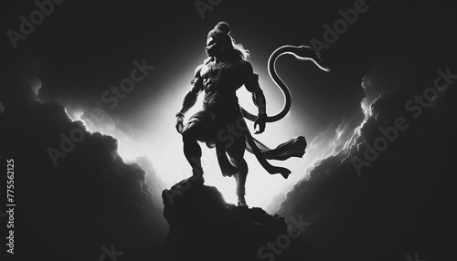 Black and white silhouette of a powerful hanuman figure for hanuman jayanti.