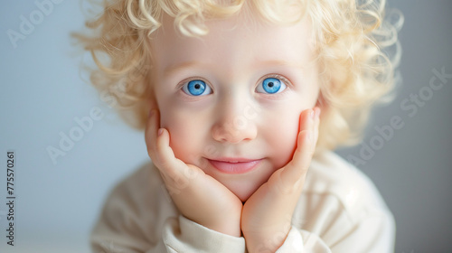 studio portrait of albino child with blue eyes