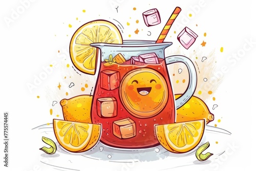 Cartoon cute doodles of a delighted iced tea pitcher with lemon slices and ice cubes, Generative AI