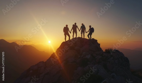 People climbing to the top of the mountain to watch the sunrise, mountaineering team cheering at the top of the mountain, outdoor sports, hiking and mountain climbing