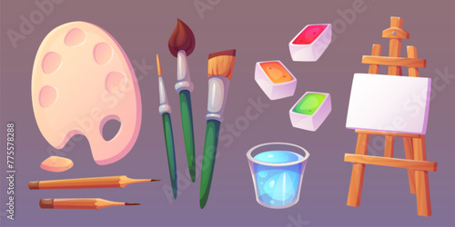 Set of painting tools isolated on white background. Vector cartoon illustration of wooden easel with blank canvas, palette, brushes, water glass, color paints, pencil, art studio design elements