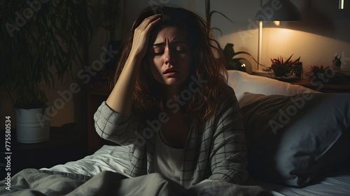 Woman lying in bed and feeling unwell having headache touching her head 
