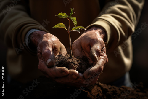 The gardener's hands tenderly support the delicate seedling against the backdrop of rich, fertile soil