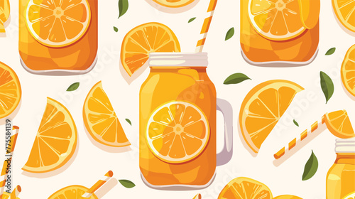 Orange juice in mason jar vector seamless pattern F