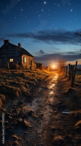 Country Road At Night With Cottage And Fence