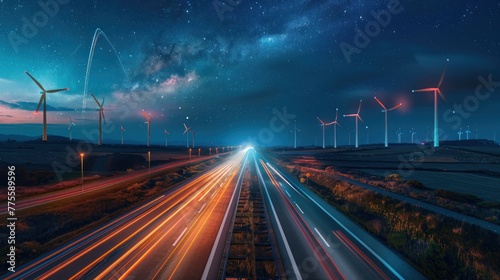A highway with a long line of cars and a sky full of stars