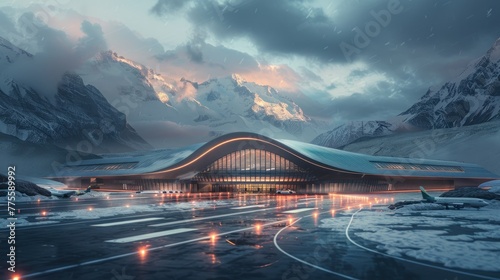 A large airport terminal with a mountain range in the background